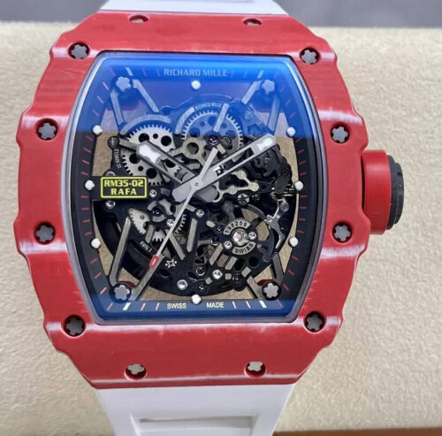 Replica Richard Mille RM35-02 T+ Factory NTPT Carbon Fiber Skeleton Dial White Rubber Strap